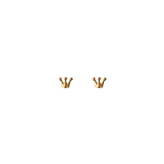 Pair of 18K gold crown stud earrings on a white background