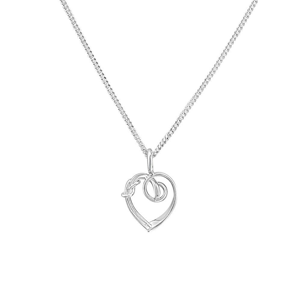 Silver heart knot pendant with a looping design on a slim chain