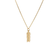 RÅG XS 18K gold necklace with a vertical leaf pendant hanging from a delicate chain
