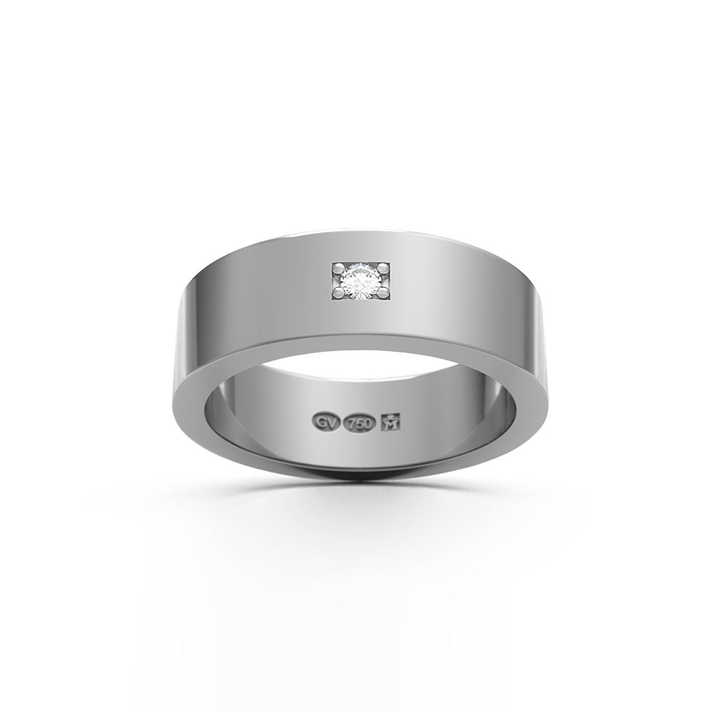 Bred rektangulär ring i 18K vitguld med en ensam diamant i en fyrkantig infattning
