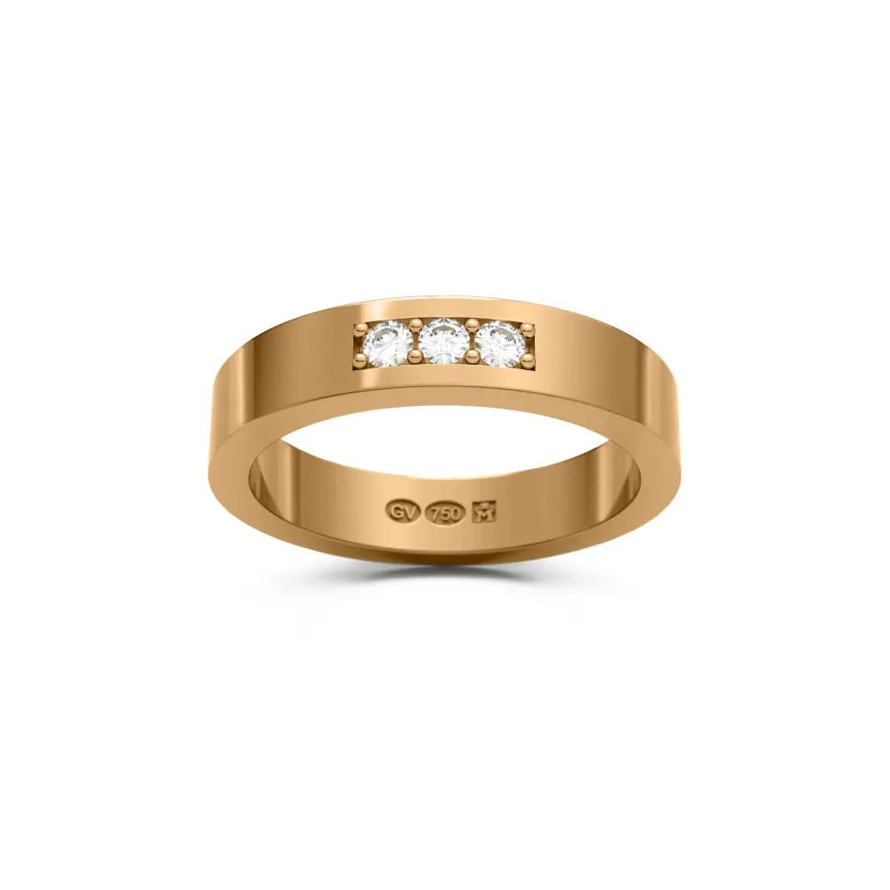 Slät rektangulär 4 mm guldring med tre diamanter i rad