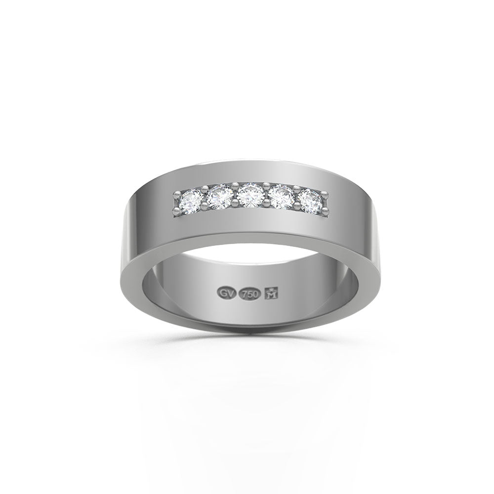 Slät 6 mm bred ring i 18K vitguld med fem diamanter