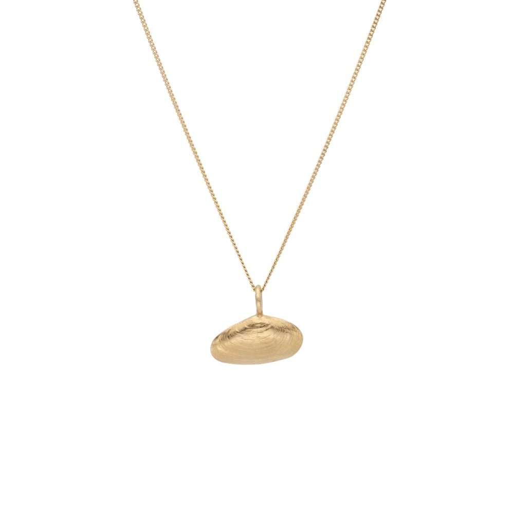 Guld halsband med musslaformad texturerad hänge på tunn kedja
