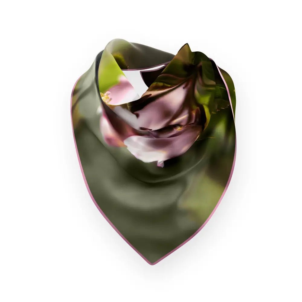 Silk scarf featuring apple blossom motif in pinks and greens with a pink border, laid flat on a white background.