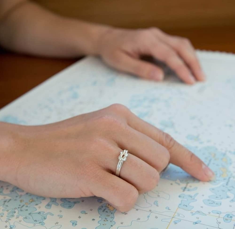 Close up of a hand wearing a silver RÅBANDSKNOP ring on the ring finger