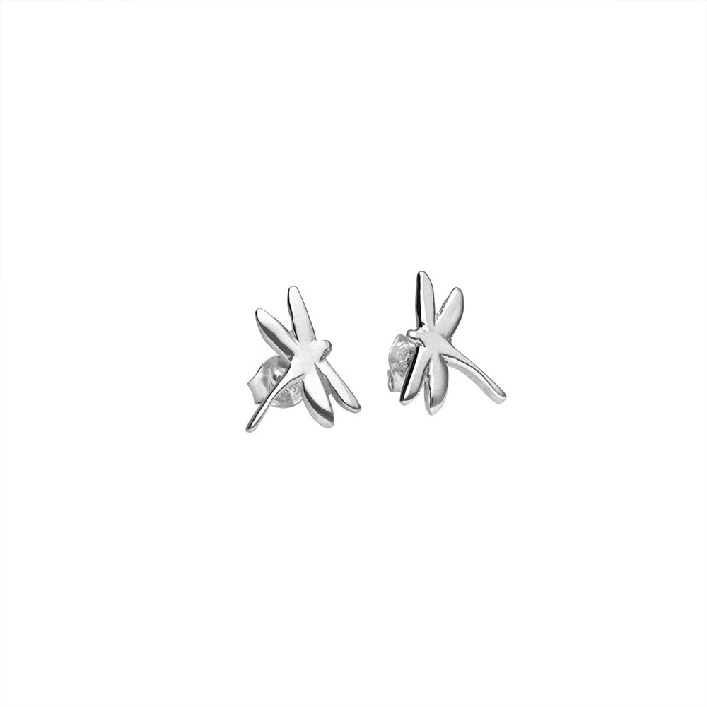 Silver dragonfly stud earrings on posts.