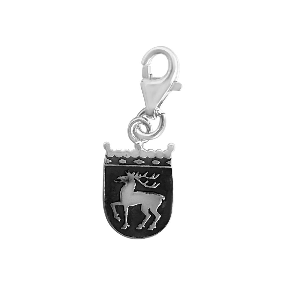 ÅLANDS VAPEN berlock in sterling silver showing a reindeer coat of arms on a black shield with crown detail
