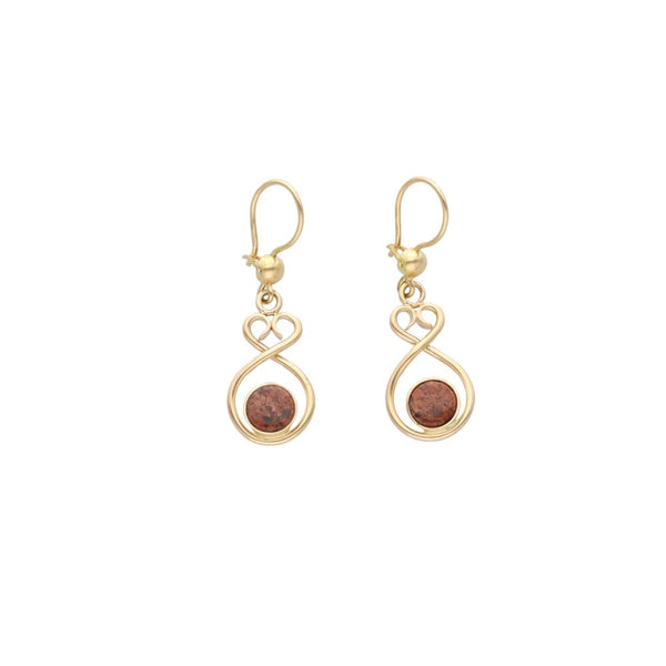 ÅLANDSHJÄRTA 18K gold earrings on hooks with a heart shaped loop surrounding red granite bead