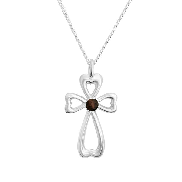 Silver KORSHJÄRTA cross pendant necklace with a round brown Åland granite stone at center