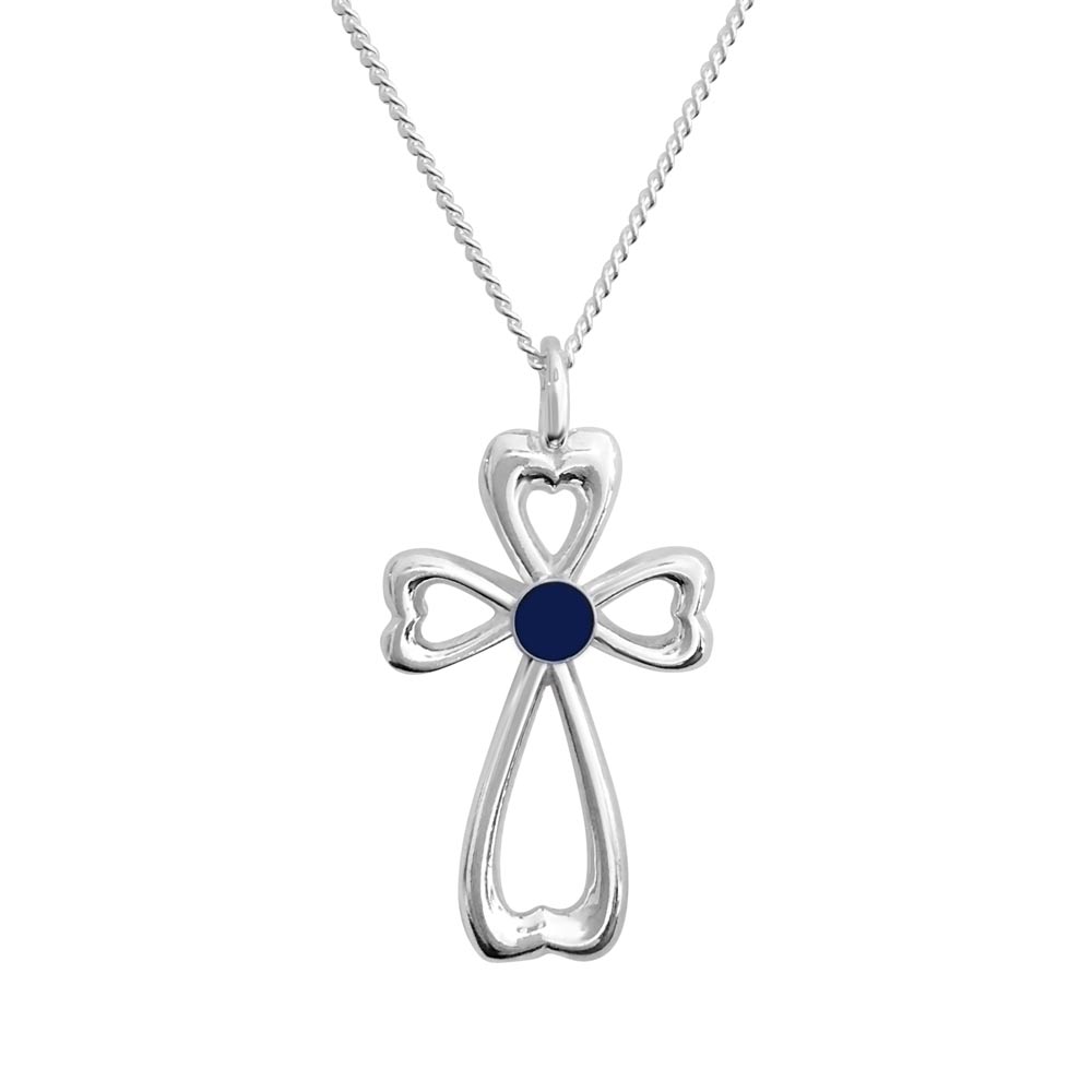 Silver KORSHJÄRTA cross pendant necklace with a round blue Finnish spectrolite stone at center