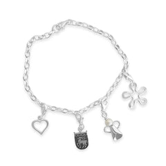 Silver charm bracelet featuring heart charm, ÅLANDS VAPEN shield, pearl ribbon charm and clover accent