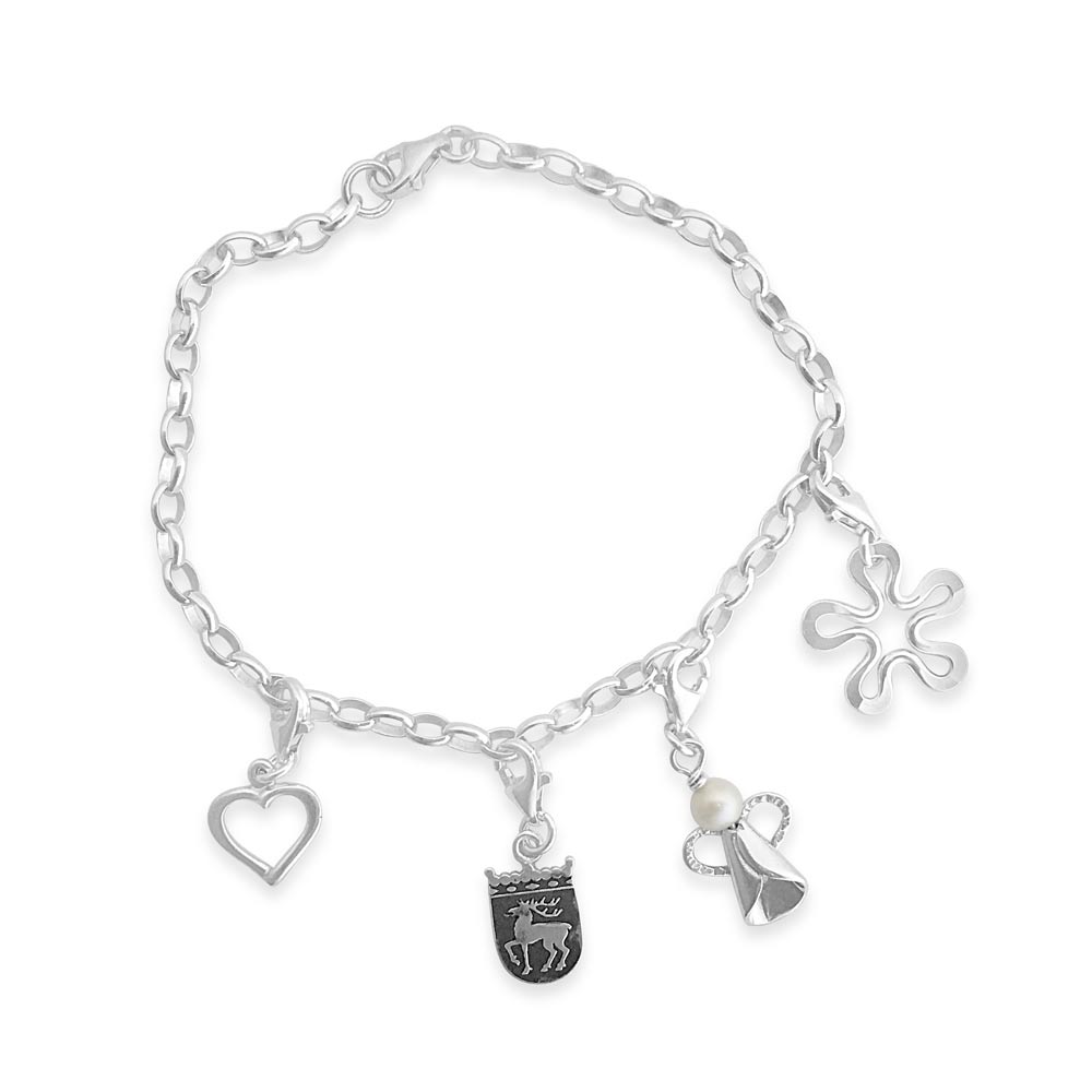 Sterling silver charm bracelet with heart, deer crest, pearl bead and angel and flower charms