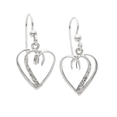 Sterling silver heart shaped earrings on hooks with an open double heart design