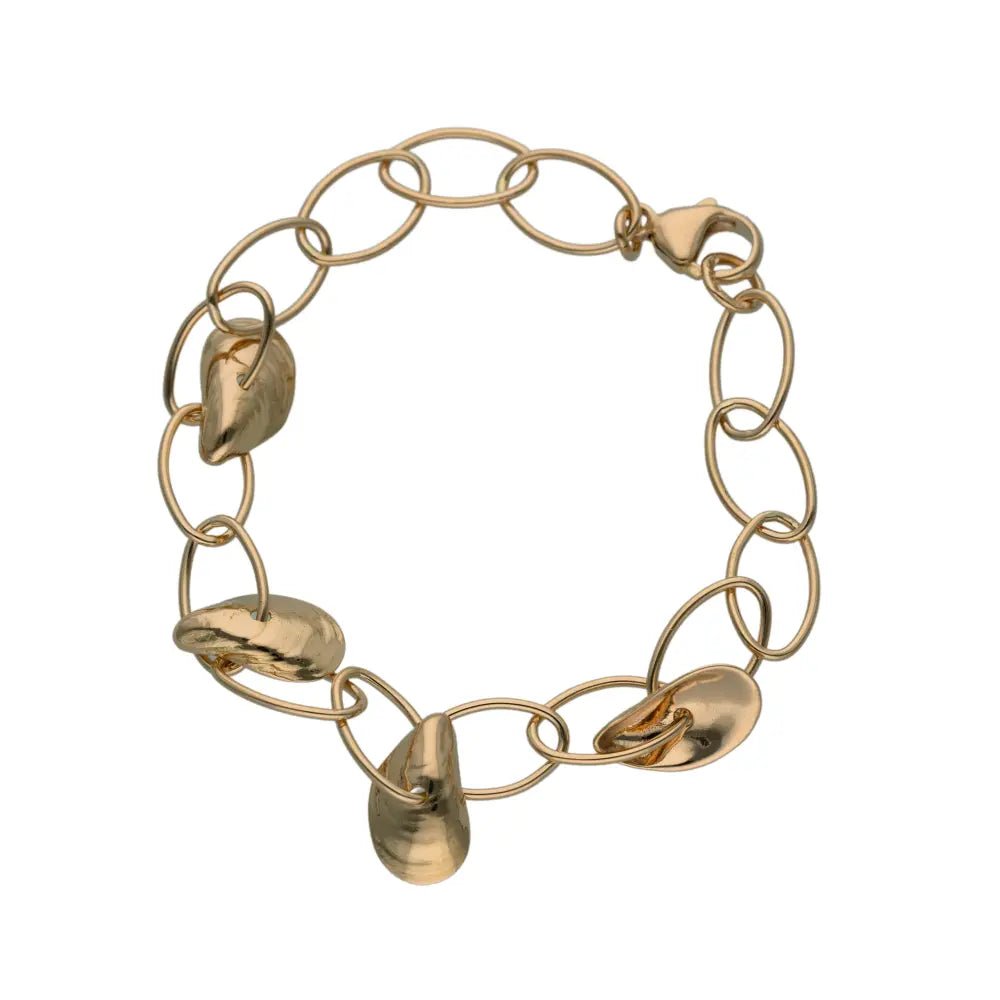 BLÅMUSSLA NÄT armband i återvunnet 18K guld med stora länkar och droppformade hängen