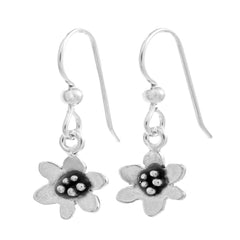 Handcrafted BLÅSIPPA flower silver drop earrings on hooks with antique finish