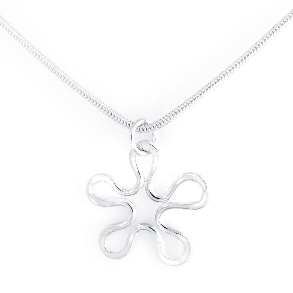 Silver flower shaped pendant on a round snake chain necklace