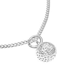 Silver golf ball pendant on a delicate silver chain necklace