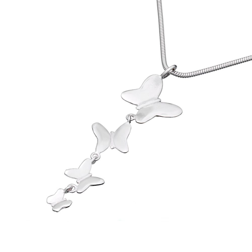 Necklace featuring four interconnected silver butterflies.