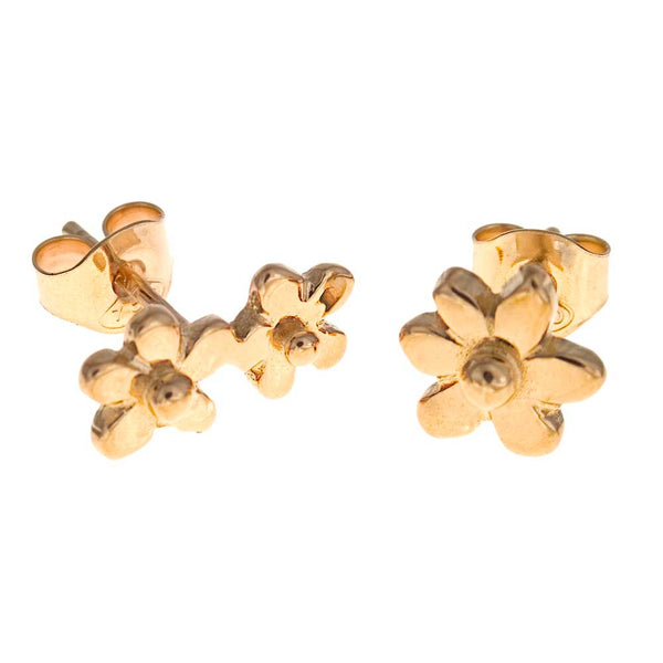 18K guld Förgätmigej örhängen ett örhänge med en blomma och det andra med två