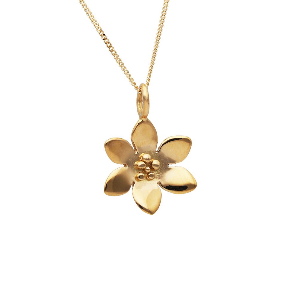 18 karats guld halsband med blomformad berlock diameter cirka 21 mm