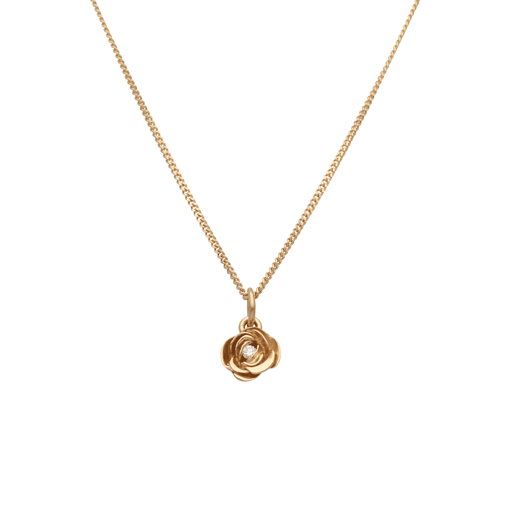 Halsband i 18K guld med en liten rosformad blomma och en diamant i mitten.