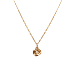 Halsband i 18K guld med en liten rosformad blomma och en diamant i mitten.