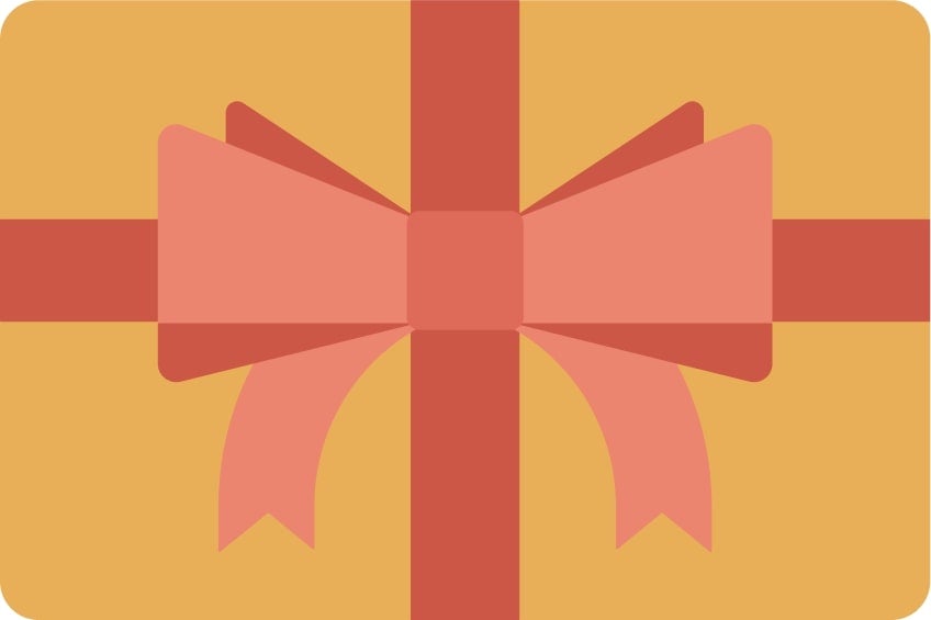 Gift card graphic with a pink bow on a yellow background