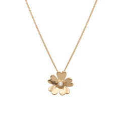 18K guld halsband med gullviva blomformad hänge och diamant i mitten