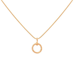 18K gold CIRCLA necklace with a textured circular pendant on a delicate chain