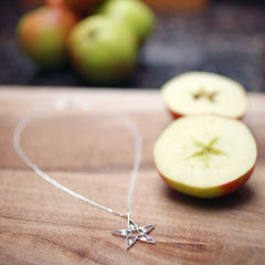 STJÄRNHUS halsband av 925 sterlingsilver ligger på träbord bredvid halverade äpplen i bakgrunden