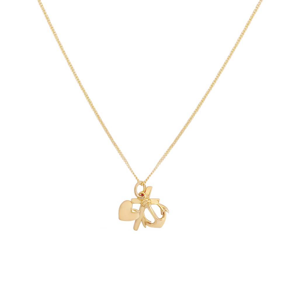 Guldfärgat 18K XS halsband med Tro hopp och kärlek hänge mot vit bakgrund