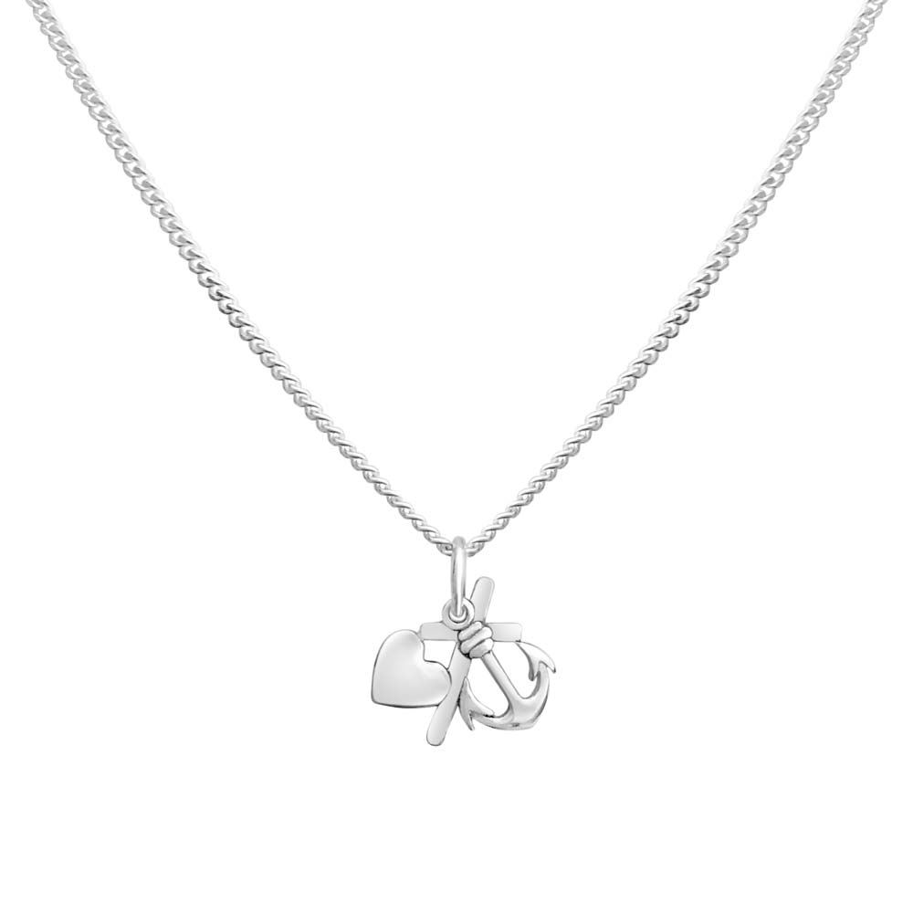 Close up of a silver necklace pendant featuring a heart and an anchor intertwined on a delicate chain.