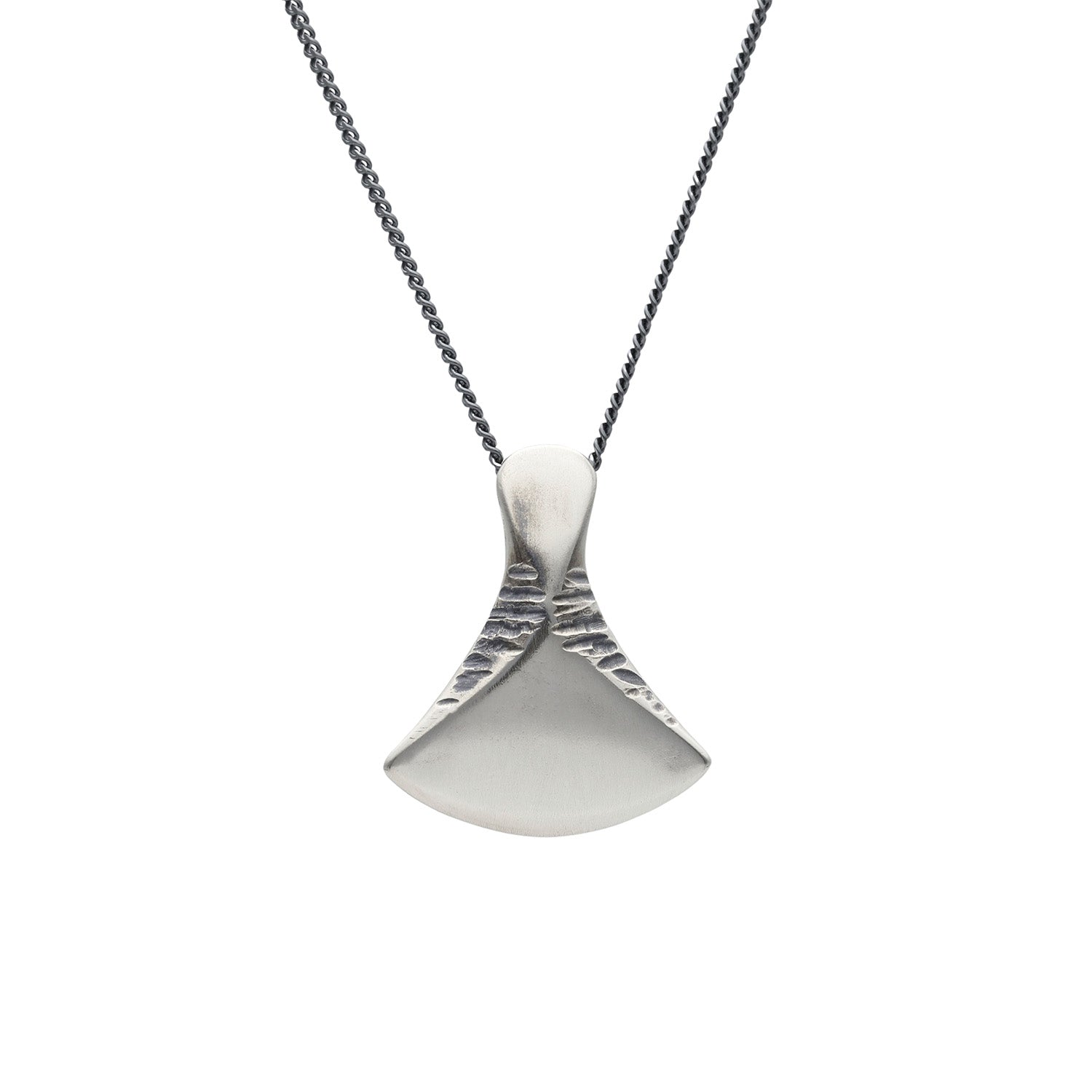 Solid silver axe pendant on a dark antique chain against a white background