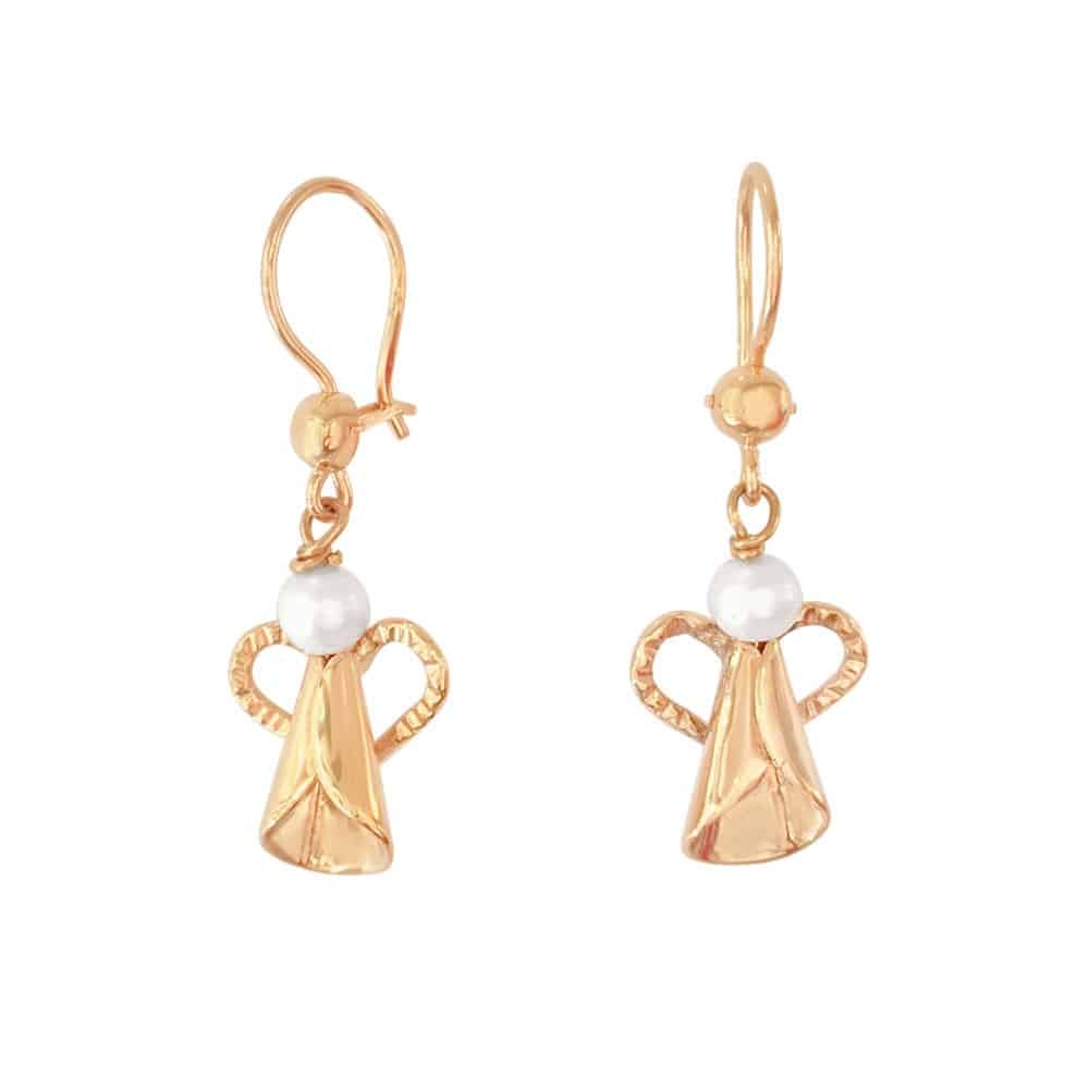 18K guld örhängen på krok med sötvattenpärla och ängelformad hänge